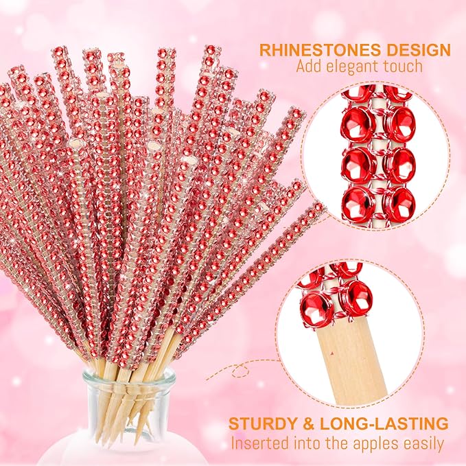 Bling Sticks for Candy Apples, 26Pcs Caramel Apple Wooden Pointed Skewers with 26Pcs Glass Bag and 22Yd Glitter Ribbons Tie, Fruit Cake Pop Chocolate Red Crystal Bamboo Sticks for Party Favor