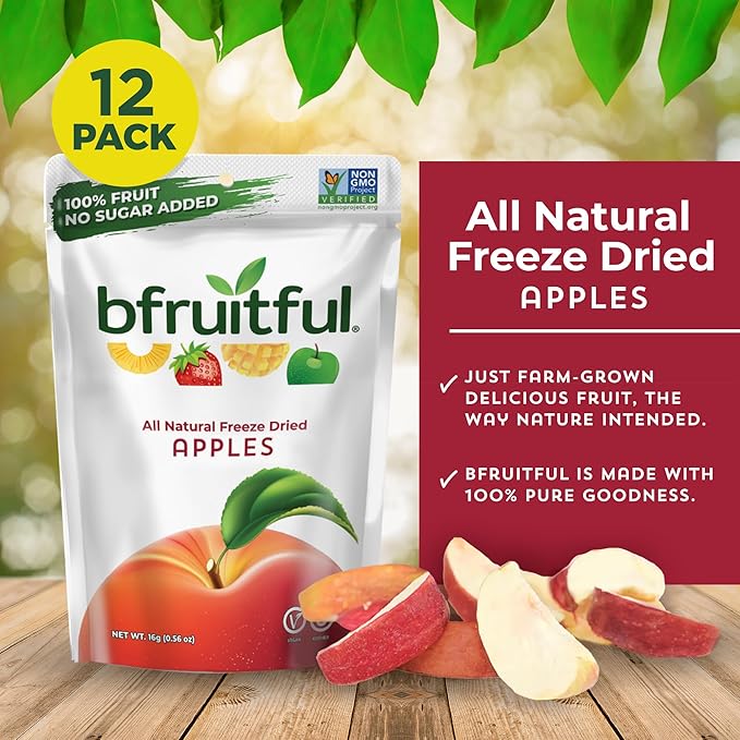 bfruitful Freeze-Dried Apple, Freeze Dried Fresh Fruit Bites, Gluten Free, Vegan, Dairy Free, Kosher, No Sugar Added, Non GMO, Healthy Snacks for Kids or Adults, Single-Serve Snack Packets, 12 Pack