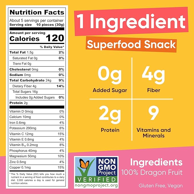 Yammy Dried Dragon Fruit Chips for Drinks Refreshers Like Freeze Dried Dragonfruit Pieces, Dry 1 Ingredient Healthy Snack for Kids Adults, 2g Protein, 4g Fiber, Gluten Free Vegan, 5.6oz Value Size