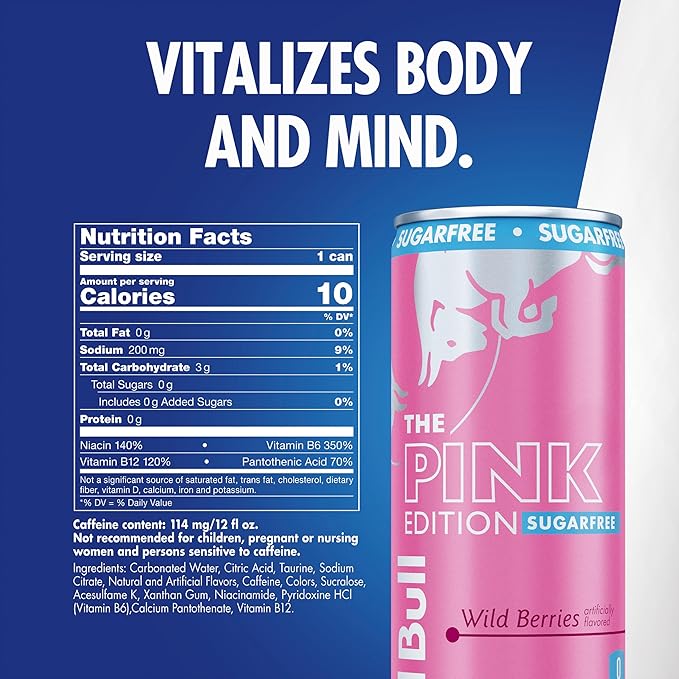 Red Bull Pink Edition Sugar Free Energy Drink, Wild Berries, 12 fl. oz., 6 x 4 Cans, Pack of 24 Cans, with 80mg Caffeine, Taurine & B Vitamins