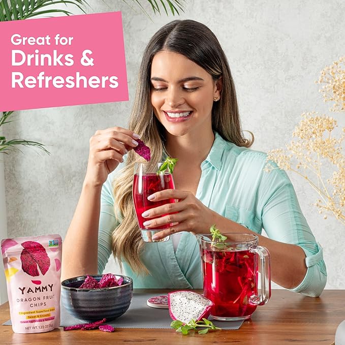Yammy Dried Dragon Fruit Chips for Drinks Refreshers, Healthy 1 Ingredient Superfood Snack, Crunchy Like Freeze Dried Dragonfruit Chunks, Dehydrated Red Pitaya Pieces, Gluten Free Vegan (5.6oz Pack of 4)