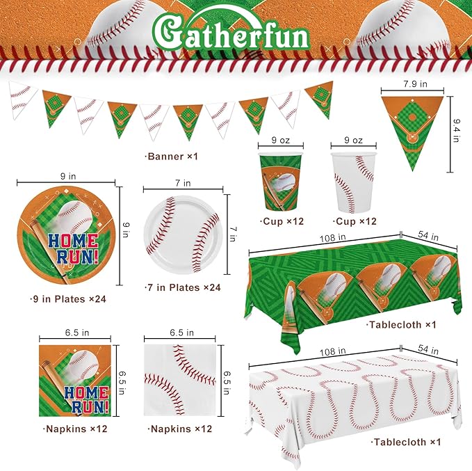 Baseball Party Supplies Kit for 24 - Complete with Dinner & Dessert Plates, Napkins, Cups, Banner & Tablecloth Baseball Birthday & Gameday Celebrations,Baseball Party Decorations & Favors