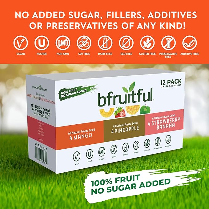 bfruitful Freeze-Dried Mangos, Strawberry Bananas, Pineapples Variety Pack, Freeze Dried Fresh Fruit Bites, Gluten Free, Vegan, Dairy Free, Kosher, No Sugar Added, Non GMO, Healthy Snacks for Kids or Adults, Single-Serve Snack Packets, 12 Pack