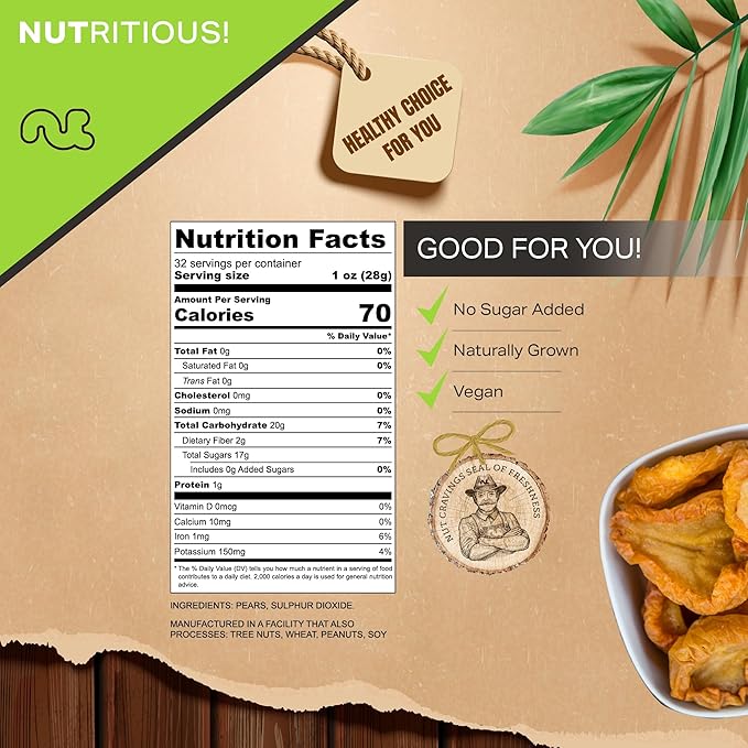 NUT CRAVINGS - Sun Dried California Pears, No Sugar Added (32oz, 2 LB) Bulk Dry Fruits Packed Fresh in Resealable Bag - Sweet Healthy Snack, Naturally Grown, Vegan, Kosher