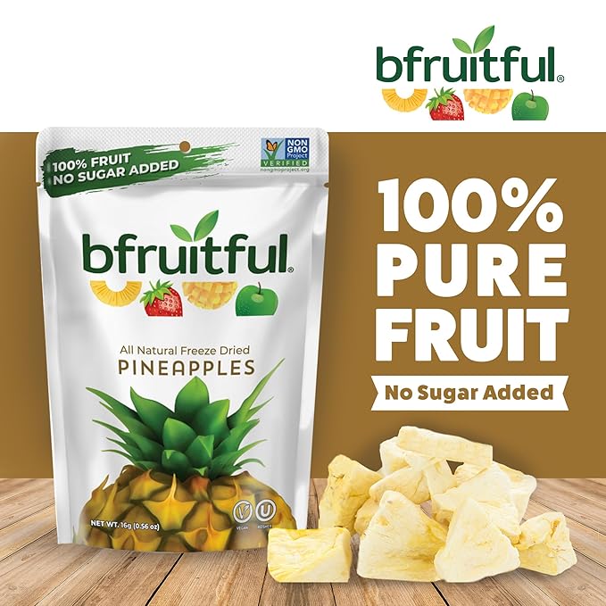 bfruitful Freeze-Dried Pineapple, Freeze Dried Fresh Fruit Bites, Gluten Free, Vegan, Dairy Free, Kosher, No Sugar Added, Non GMO, Healthy Snacks for Kids or Adults, Single-Serve Snack Packets, 12 Pack