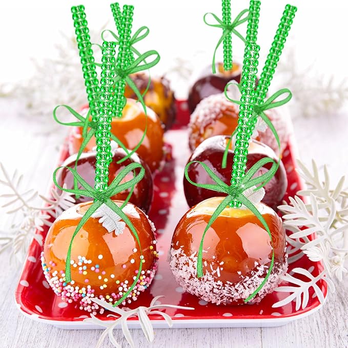 Bling Sticks for Candy Apples, 26Pcs Caramel Apple Wooden Pointed Skewers with 26Pcs Glass Bag and 22Yd Glitter Ribbons Tie, Fruit Cake Pop Chocolate Green Crystal Bamboo Sticks for Party Favor
