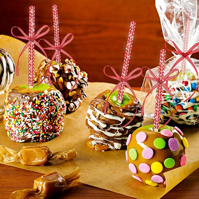 Bling Sticks for Candy Apples, 26Pcs Caramel Apple Wooden Pointed Skewers with 26Pcs Glass Bag and 22Yd Glitter Ribbons Tie, Fruit Cake Pop Chocolate Red Crystal Bamboo Sticks for Party Favor