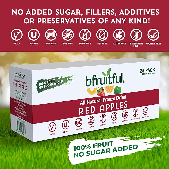 bfruitful Freeze-Dried Apple, Freeze Dried Fresh Fruit Bites, Gluten Free, Vegan, Dairy Free, Kosher, No Sugar Added, Non GMO, Healthy Snacks for Kids or Adults, Single-Serve Snack Packets, 24 Pack