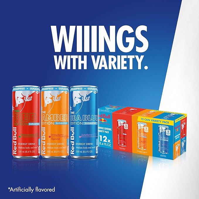 Red Bull Energy Drink Sugar Free Variety Pack, Red, Amber, and Sea Blue, with 80mg Caffeine, Taurine & B Vitamins, 8.4 fl. oz., 2 x 12 pack, 24 Cans Case