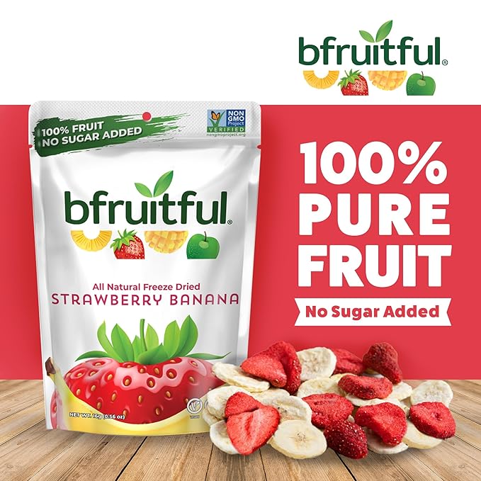 bfruitful Freeze-Dried Strawberry Banana, Freeze Dried Fresh Fruit Bites, Gluten Free, Vegan, Dairy Free, Kosher, No Sugar Added, Non GMO, Healthy Snacks for Kids or Adults, Single-Serve Snack Packets, 12 Pack