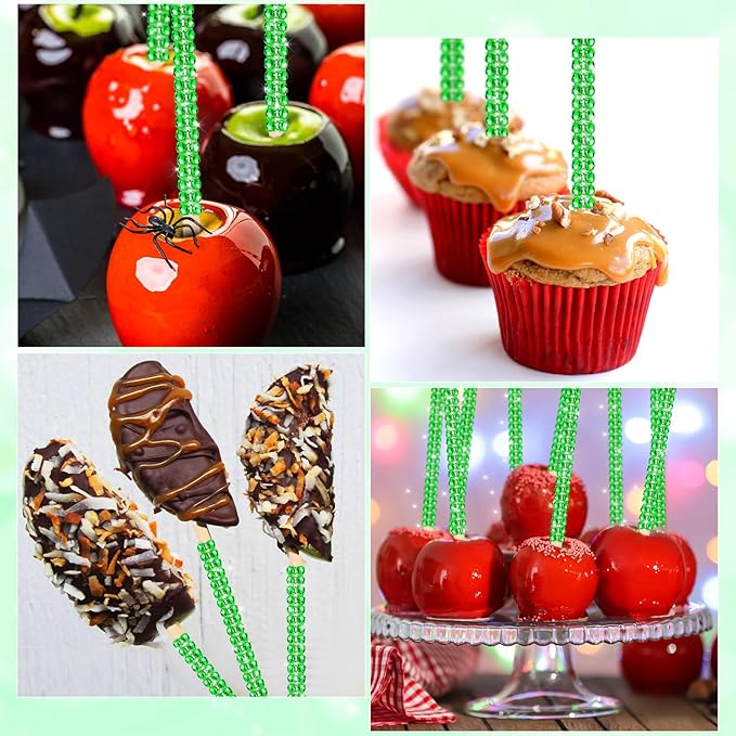 Bling Sticks for Candy Apples, 26Pcs Caramel Apple Wooden Pointed Skewers with 26Pcs Glass Bag and 22Yd Glitter Ribbons Tie, Fruit Cake Pop Chocolate Green Crystal Bamboo Sticks for Party Favor