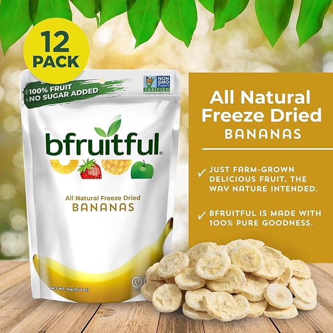 bfruitful Freeze-Dried Banana, Freeze Dried Fresh Fruit Bites, Gluten Free, Vegan, Dairy Free, Kosher, No Sugar Added, Non GMO, Healthy Snacks for Kids or Adults, Single-Serve Snack Packets, 12 Pack