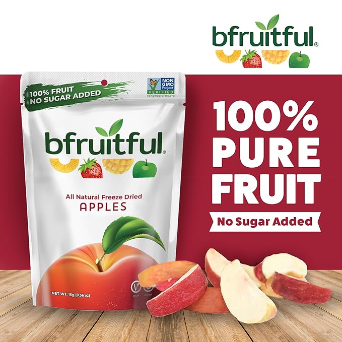 bfruitful Freeze-Dried Apple, Freeze Dried Fresh Fruit Bites, Gluten Free, Vegan, Dairy Free, Kosher, No Sugar Added, Non GMO, Healthy Snacks for Kids or Adults, Single-Serve Snack Packets, 12 Pack