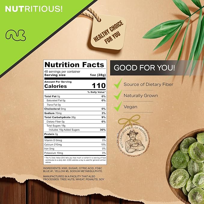 NUT CRAVINGS - Sun Dried Kiwi Slices, Lightly Sweetened (48oz, 3 LB, Bulk) Bulk Dry Fruits Packed Fresh in Resealable Bag - Sweet Healthy Snack, Naturally Grown, Vegan, Kosher