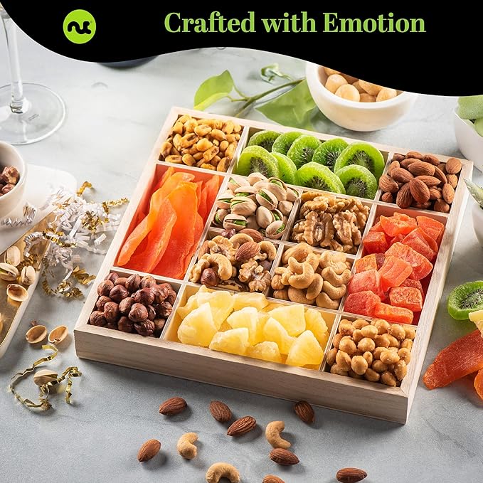 NUT CRAVINGS Gourmet Collection - Happy Birthday Treats, Dried Fruit & Mixed Nuts Gift Basket with Bday Ribbon in Reusable Wooden Tray (12 Assortments) Food Arrangement, Healthy Snack, Food Assortments