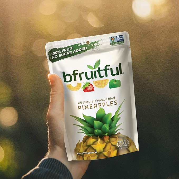 bfruitful Freeze-Dried Pineapple, Freeze Dried Fresh Fruit Bites, Gluten Free, Vegan, Dairy Free, Kosher, No Sugar Added, Non GMO, Healthy Snacks for Kids or Adults, Single-Serve Snack Packets, 12 Pack