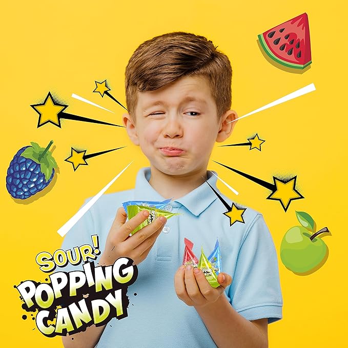 WarheadsSour Popping Rocks - 40 Count Bag - Sour Popping Halloween Candy Individually Wrapped - Assorted Fruit Flavors - Triangle Pouches - Blue Raspberry, Watermelon, Green Apple