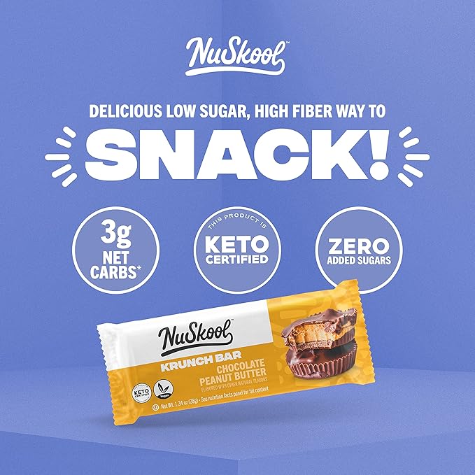 NuSkool Snacks Chocolate Peanut Butter Keto Friendly Protein Krunch Bars (12 Pack) - 7g Fiber, 10g Clean Plant-Based Protein, 3g Net Carbs - Gluten-Free, Non-GMO, Vegan, Low Carb Keto Healthy Breakfast Snack