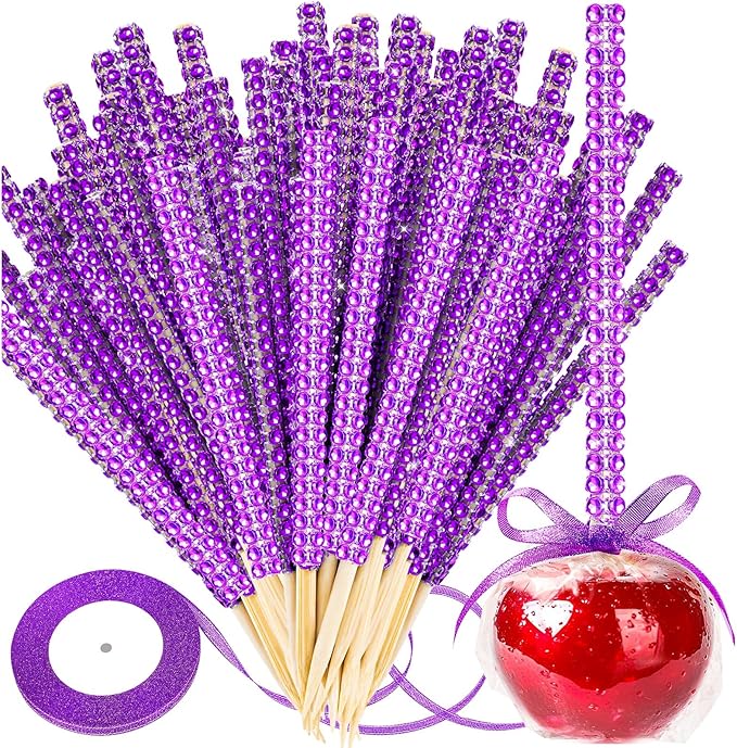 Bling Sticks for Candy Apples, 26Pcs Caramel Apple Wooden Pointed Skewers with 26Pcs Glass Bag and 22Yd Glitter Ribbons Tie, Fruit Cake Pop Chocolate Purple Crystal Bamboo Sticks for Party Favor