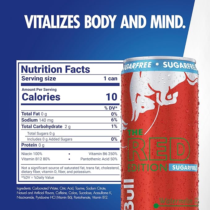 Red Bull Red Edition Sugar Free Energy Drink, Watermelon, with 80mg Caffeine plus Taurine & B Vitamins, 8.4 Fl Oz, Pack of 4 Cans