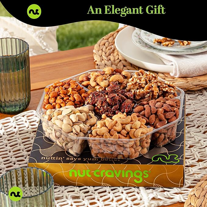 NUT CRAVINGS - Mixed Nuts Gift Basket in Black Gold Box (7 Assortments, 2 LB) Food Arrangement, Healthy Snack Care Package, Food Assortments