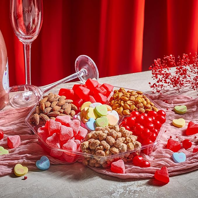 NUT CRAVINGS - Mixed Nuts & Heart Candy Gift Basket in Red Gold Box (7 Assortments, 1 LB) Food Arrangement, Healthy Snack Care Package, Food Assortments