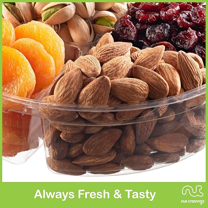 NUT CRAVINGS - Rosh Hashana & Shana Tova Dried Fruit & Mixed Nuts Gift Basket + Green Ribbon (4 Assortments) Food Arrangement, Healthy Snack Care Package, Food Assortments