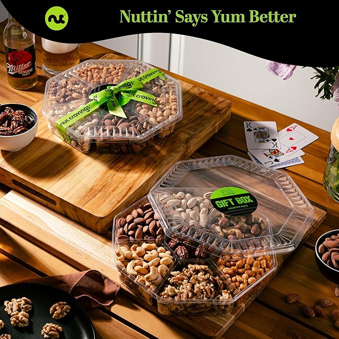 NUT CRAVINGS - Mixed Nuts Gift Basket in Green Gold Box (7 Assortments, 2 LB) Food Arrangement, Healthy Snack Care Package, Food Assortments