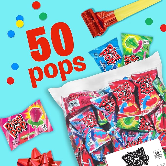 Ring Pop Lollipops - Bulk Candy Individually Wrapped Suckers Variety Party Pack- 50 Count w/ Assorted Flavors - Hard Candy for Party Favors, Kids & Goodie Bags