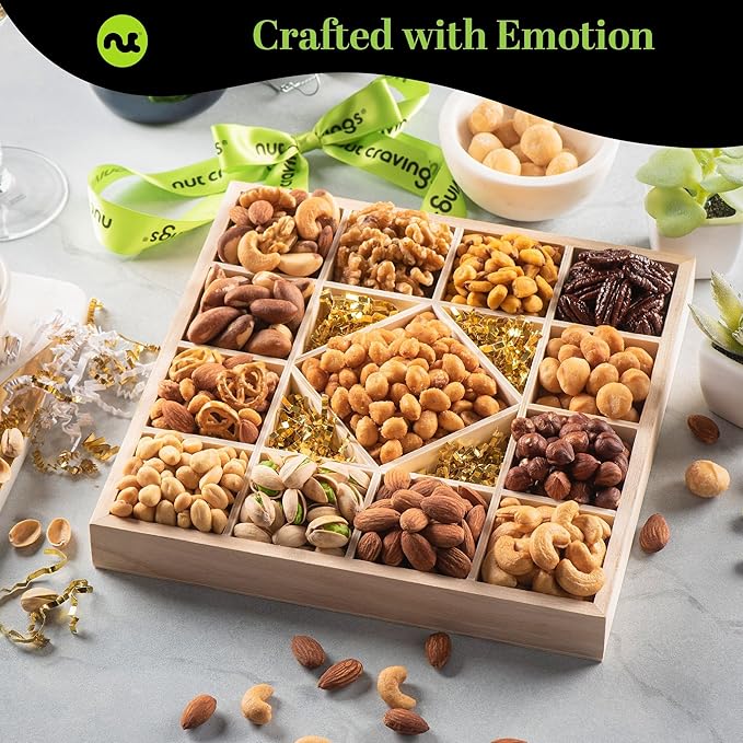 NUT CRAVINGS - Mixed Nuts Gift Basket in Reusable Diamond Wooden Tray + Green Ribbon (13 Assortments) Food Arrangement, Healthy Snack Care Package, Food Assortments