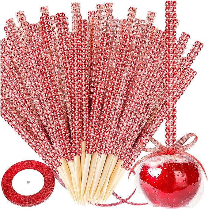 Bling Sticks for Candy Apples, 26Pcs Caramel Apple Wooden Pointed Skewers with 26Pcs Glass Bag and 22Yd Glitter Ribbons Tie, Fruit Cake Pop Chocolate Red Crystal Bamboo Sticks for Party Favor