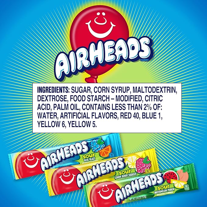 Airheads Sour Mini Halloween Trick or Treat Taffy Candy Bars, Watermelon Punch, Blue Blast & Lemon Berry Squeeze, Individually Wrapped Candy for Adults & Kids, Party Favors, 12 Oz Variety Bag