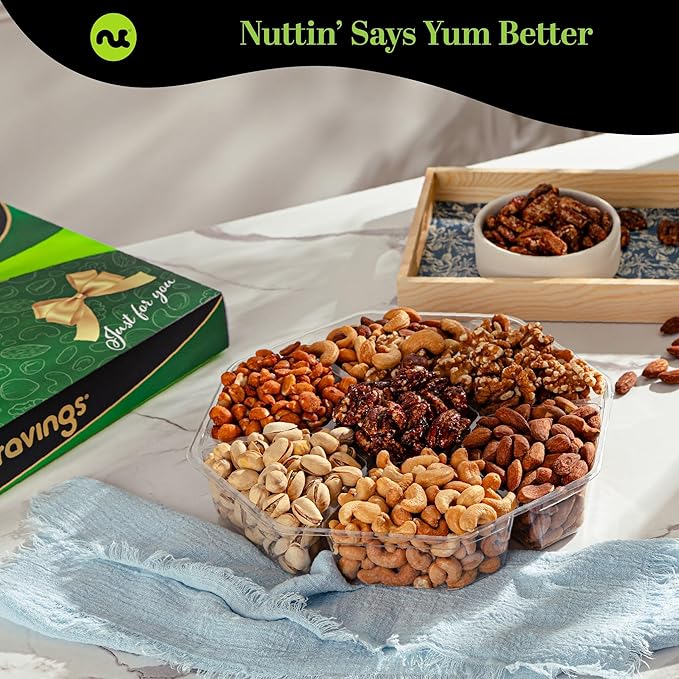 NUT CRAVINGS - Mixed Nuts Gift Basket in Green Gold Box (7 Assortments, 2 LB) Food Arrangement, Healthy Snack Care Package, Food Assortments