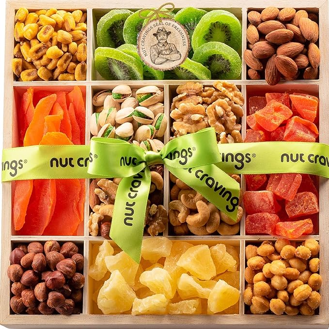 NUT CRAVINGS - Rosh Hashana & Shana Tova Dried Fruit & Mixed Nuts Gift Basket in Reusable Wooden Tray + Ribbon (12 Assortments) Food Arrangement, Healthy Snack Care Package, Food Assortments