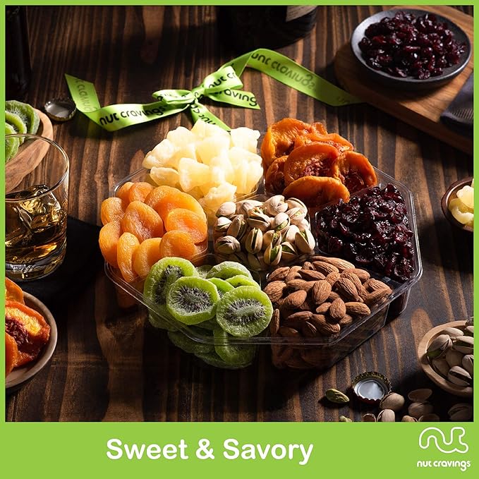 NUT CRAVINGS - Rosh Hashana & Shana Tova Dried Fruit & Mixed Nuts Gift Basket + Green Ribbon (7 Assortments, 2 LB) Food Arrangement, Healthy Snack Care Package, Food Assortments
