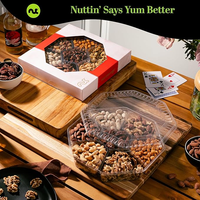NUT CRAVINGS - Mixed Nuts Gift Basket in Red Gold Box (7 Assortments, 1 LB) Food Arrangement, Healthy Snack Care Package, Food Assortments