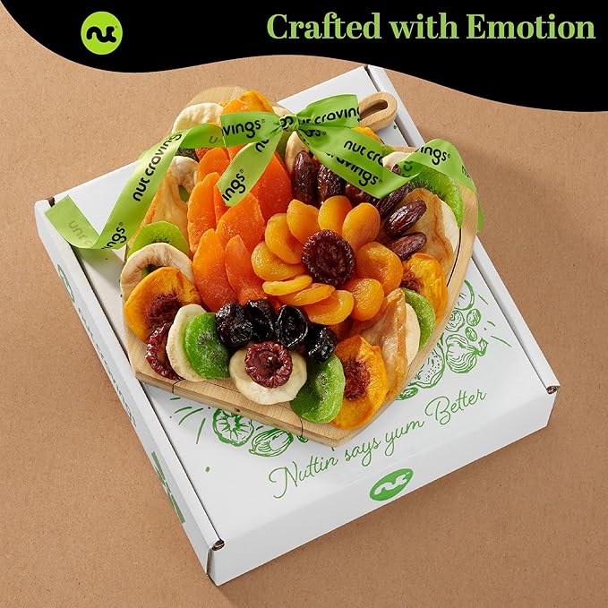 NUT CRAVINGS - Rosh Hashana & Shana Tova Dried Fruit Flower Arrangement in Wooden Apple-Shaped Gift Basket + Tray (9 Assortment) Healthy Snack Care Package, Food Assortments