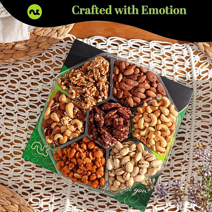 NUT CRAVINGS - Mixed Nuts Gift Basket in Green Gold Box (7 Assortments, 2 LB) Food Arrangement, Healthy Snack Care Package, Food Assortments