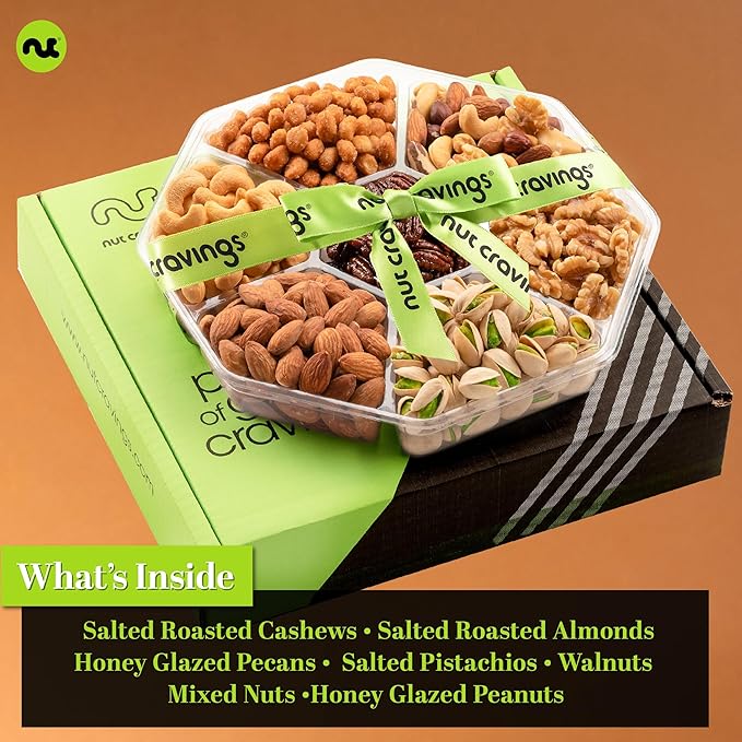 NUT CRAVINGS - Mixed Nuts Gift Basket + Green Ribbon (7 Assortments, 1 LB) Food Arrangement, Healthy Snack Care Package, Food Assortments