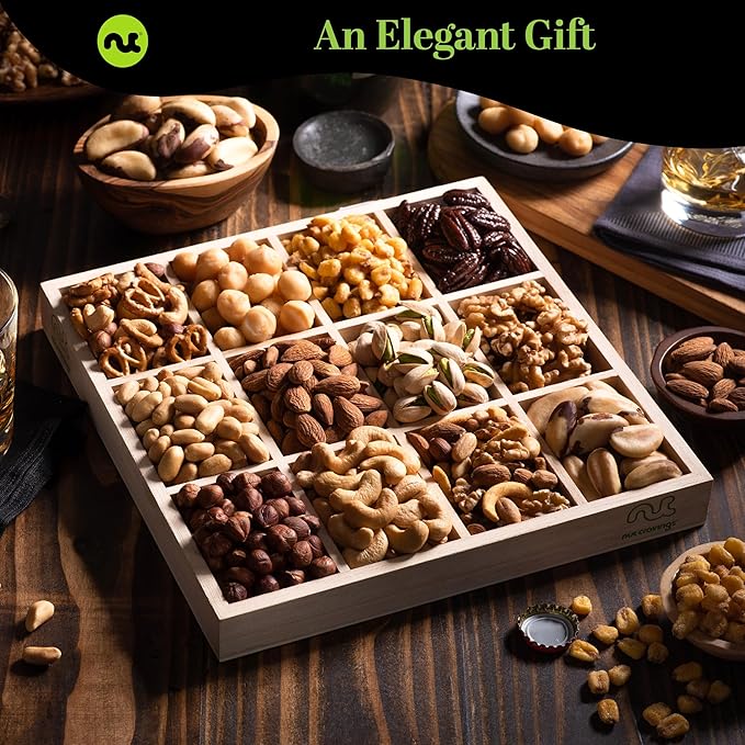 NUT CRAVINGS Gourmet Collection - Christmas Treats Nuts Gift Basket with Happy Holiday Ribbon in Reusable Wooden Tray (12 Assortments) Food Arrangement, Healthy Snack Care Package, Food Assortments