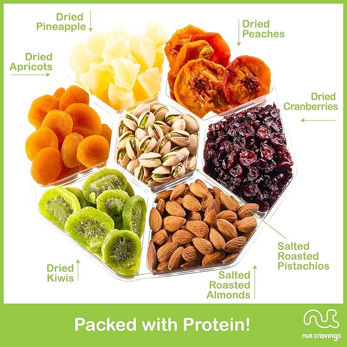 NUT CRAVINGS - Rosh Hashana & Shana Tova Dried Fruit & Mixed Nuts Gift Basket + Green Ribbon (7 Assortments, 2 LB) Food Arrangement, Healthy Snack Care Package, Food Assortments