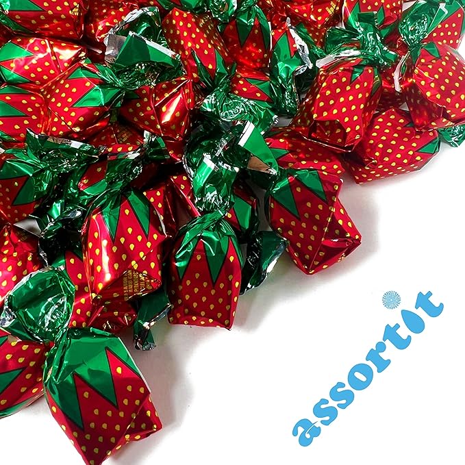 Strawberry Hard Candy Filled With Real Fruit Pulp - 1 lbs - Strawberry Flavored Bon Bons Filled with Real Strawberry Pulp - American Vintage Candy Snack Assortment - Individually Wrapped, 16 oz.