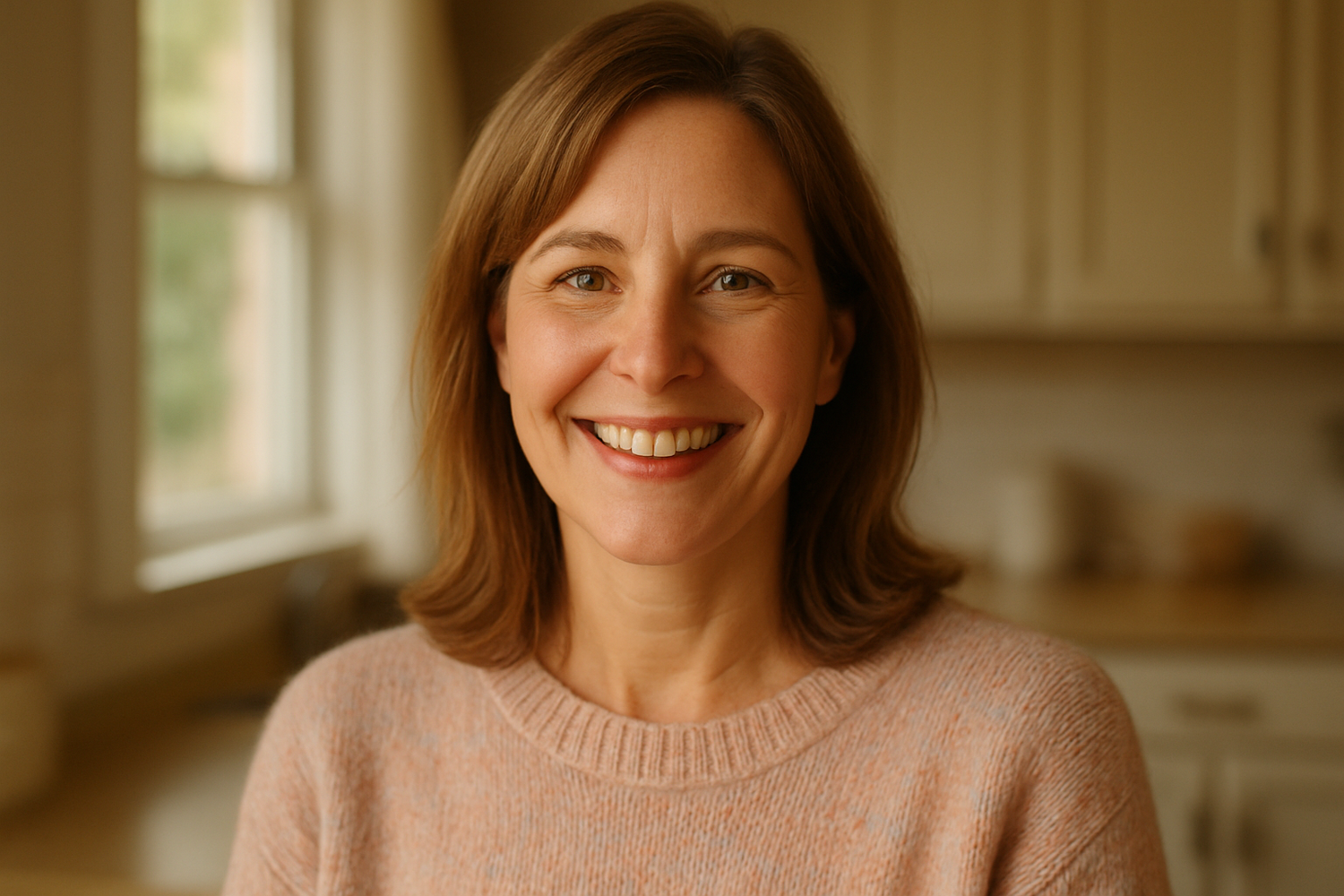 "A high-resolution portrait of a smiling middle-aged American woman in her mid-40s. She has warm hazel eyes, light brown shoulder-length hair, and natural makeup. She’s wearing a cozy pastel sweater, standing in a softly lit kitchen with daylight filtering through the window. Her expression is relaxed and joyful, showing appreciation and contentment, as if she just received a thoughtful gift. Photographic, realistic style with natural light and a warm tone."