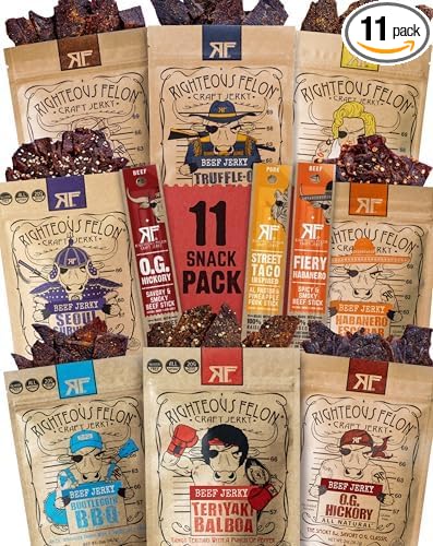 Righteous Felon Beef Jerky & Meat Sticks Variety Pack | Gluten Free Beef Jerky Snack Packs for Adults | High Protein, Keto, Low Sugar | Made with Premium Meats | Gifts for Men | 11 Pack Sampler