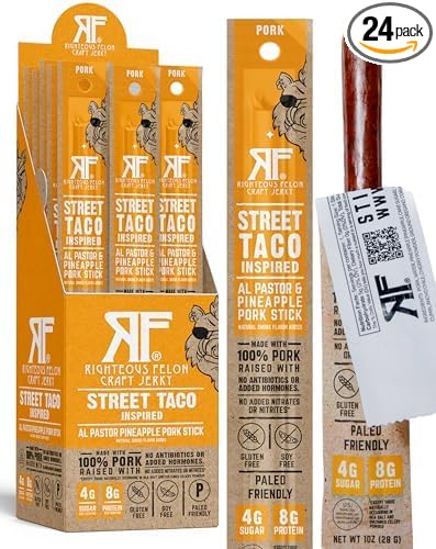 Righteous Felon Meat Sticks | 100% Pork Sticks | Gluten Free & Keto Meat Sticks | Low Sugar & High Protein Pork Sticks | Healthy Snack for Adults | Jerky Gifts for Men | Street Taco, 24 Pack