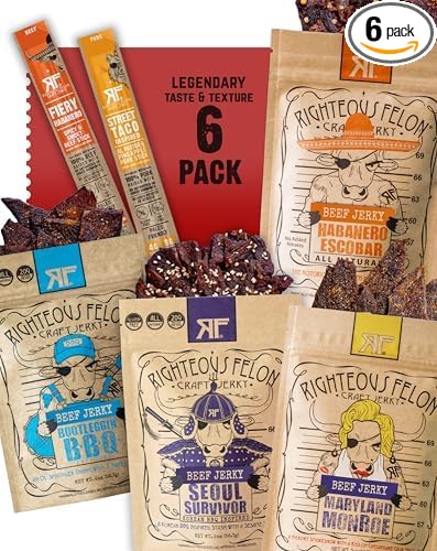 Righteous Felon Beef Jerky & Meat Sticks Variety Pack | Gluten Free Beef Jerky Snack Packs for Adults | High Protein, Keto, Low Sugar | Made with Premium Meats | Gifts for Men | Spicy Jerky 6 Pack