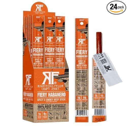 Righteous Felon Meat Sticks | 100% Beef Sticks | Gluten Free & Keto Meat Sticks | Low Sugar & High Protein Beef Sticks | Healthy Snack for Adults | Jerky Gifts for Men | Fiery Habanero, 24 Pack