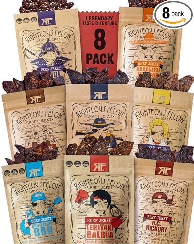 Righteous Felon Beef Jerky Variety Pack | Gluten Free Beef Jerky Snack Packs for Adults | High Protein, Keto-Friendly, Low Sugar | Made with Premium Meats | Gifts for Men | Sampler 8 Pack