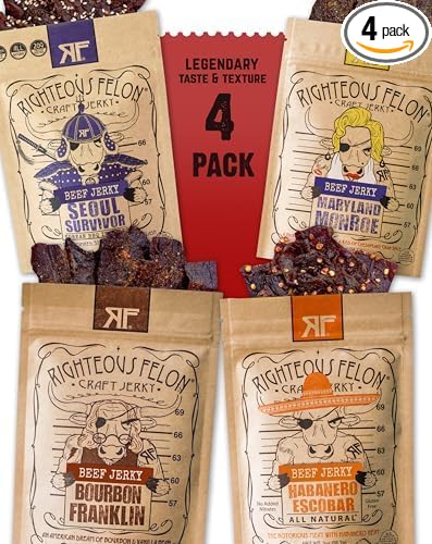 Righteous Felon Beef Jerky Variety Pack | Gluten Free Snack Packs for Adults | High Protein, Keto, Low Sugar | Made with Premium Meats | Gifts for Men | Spicy Jerky 4 Pack