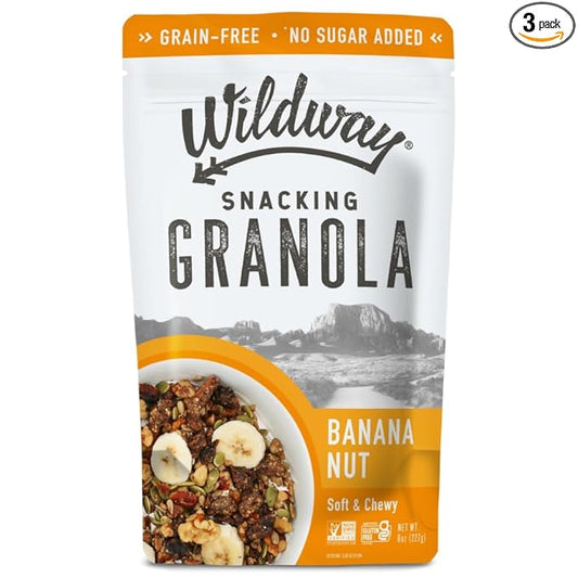 Wildway Keto Granola | Banana Nut | Grain-Free, Certified Gluten-Free Cereal | Vegan, Low Carb | No Sugar Added | Paleo-Friendly | Non-GMO Fruit & Nut Clusters | Nutrient-Rich Snack | 8 oz, 3 Pack